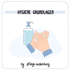 Puede incluir: Ilustración que muestra la higiene de manos. Una botella transparente de desinfectante de manos está junto a un par de manos, con jabón aplicado. El texto "HYGIENE GRUNDLAGEN" está en la parte superior y "by pflege.ausbildung" en la parte inferior.