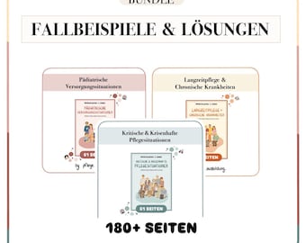 Puede incluir: Un conjunto de materiales educativos con el título "FALLBEISPIELE & LÖSUNGEN". El conjunto incluye tres libros: "Pädiatrische Versorgungssituationen", "Langzeitpflege & Chronische Krankheiten" y "Kritische & Krisenhafte Pflegesituationen". El conjunto contiene más de 180 páginas.