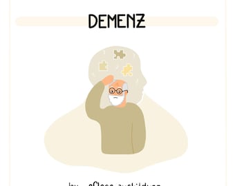 May include: Illustration of a man with a confused expression, holding his head with his hand.  Puzzle pieces are floating around his head. The text "DEMENZ" is at the top of the image. The text "by pflege.ausbildung" is at the bottom of the image.
