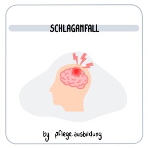 May include: Illustration of a human head with a red spot on the brain and lightning bolts above it. The text "SCHLAGANFALL" is at the top of the image. The text "by pflege.ausbildung" is at the bottom of the image.