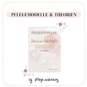 Könnte beinhalten: Eine rosa-weiße Aquarell-Illustration eines Buchcovers mit dem Titel "Pflegemodelle & Theorien" und dem Text "zur genaueren Betrachtung und Analyse von Pflegesituationen". Das Buchcover enthält auch eine kleine Illustration von zwei Personen, die sich an den Händen halten.