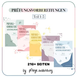 Könnte beinhalten: Eine Sammlung von fünf Lernheften mit dem Titel "PRÜFUNGSVORBEREITUNGEN" und "Teil 1-5" in Pastellfarben. Die Hefte tragen den Text "210+ SEITEN" und "by pflege.ausbildung".