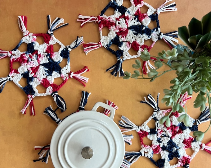 Featured listing image: Crochet  Coasters | Drink Coasters | Teachers Gift | Absorbent | House warming gift | Minimalist | Patriotic