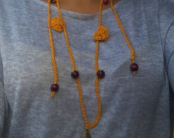 Mustard color Crochet Leaf Necklace with Beads | Crochet Necklace | Gold Leaf Pendant