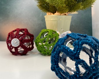 Clear Orb Ornaments with Crochet Sparkly Thread | Sphere Crochet Ornaments | Holiday Decoration | Christmas Home Decor | Family Gift Idea