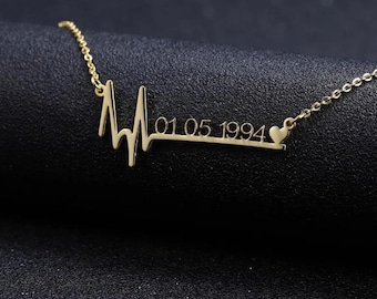 14K Gold Plate Customized Anniversary Date Necklace-Personalised Heartbeat Date Pendant-Couple Necklace-Baby Born Date For Mom