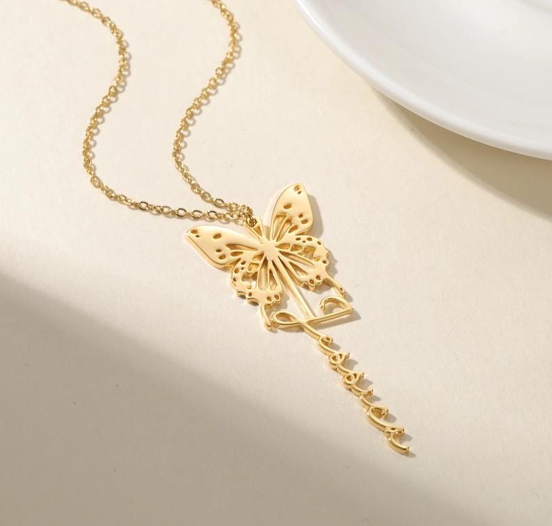 14K gold butterfly birth month name pendant necklace - butterfly name necklace - personalized necklace -Gold Filled Name Necklace