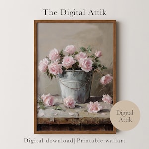 Vintage Pink Roses Still Life DIGITAL Download Painting | Farmhouse Antique Art | Vintage Floral Oil Painting