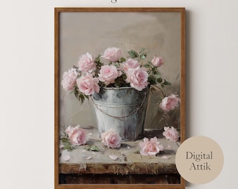 Vintage Pink Roses Still Life DIGITAL Download Painting | Farmhouse Antique Art | Vintage Floral Oil Painting