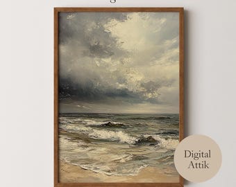 Pintura al óleo de paisaje costero rústico / Arte para sala de estar IMPRIMIBLE / Arte de pared para dormitorio / Pintura de océano melancólico /