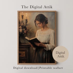 PRINTABLE Vintage Portrait of Woman Reading, Interior Scene, Print of Antique Oil Painting, Living Room Decor