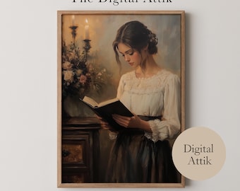 Vintage Woman Reading Portrait, Antique Oil Painting Print (Digital Download)