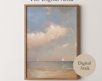 Peinture à l'huile de paysage côtier, scène de plage neutre, peinture de paysage marin vintage, art mural minimaliste, téléchargement numérique, oeuvre d'art imprimable