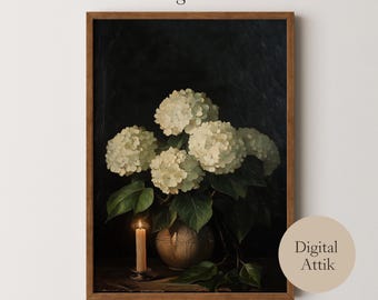 PRINTABLE Hydrangea Painting | Vintage Flower Print | Dark Moody Antique Botanical Art | Dark Academia