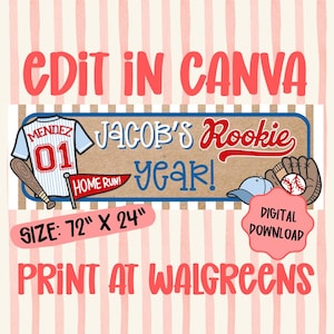 May include: A rectangular banner design featuring a baseball theme with a jersey labelled MENDEZ 01, a bat, a pennant reading HOME RUN!, and a glove with a ball. The text reads JACOB'S Rookie YEAR! with a size of 182.88 cm x 60.96 cm and DIGITAL DOWNLOAD.