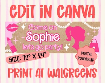 Plantilla de pancarta de muñeca rosa / Pancarta editable de Canva / Letrero de bricolaje para imprimir de Walgreens de 2x6 / Descarga digital