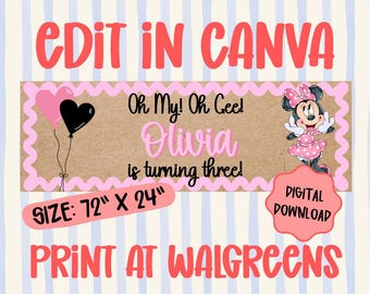 Modello di striscione per il terzo compleanno di Minnie / Sfondo Canva modificabile (download digitale)