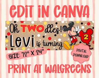 Plantilla de pancarta de Mouse Twodles / Pancarta editable de Canva / Letrero de WALGREENS de 2x6 para imprimir y hacer tú mismo / Descarga digital