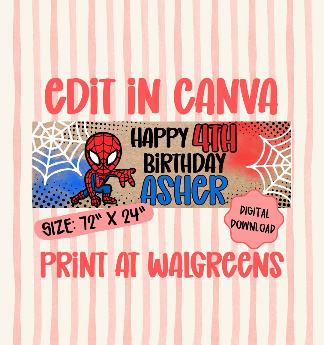 Spider Hero Birthday Banner Template | Editable Canva Banner | 2x6 WALGREENS Print DIY Sig