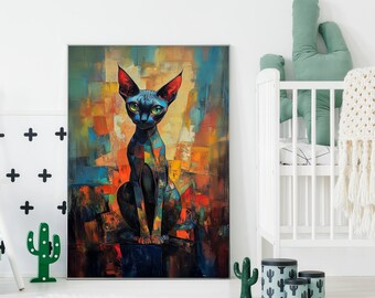 Sphynx Cat Cubist Art Print, Abstract Pet Portrait (Digital Download)