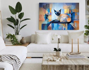 Siamese Cat Abstract Art, Geometric Acrylic Painting, Modern Pet Portrait (Digital Download)