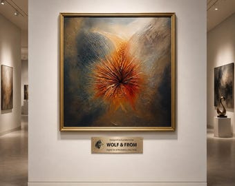 Stampa digitale contemporanea quadrata con tecnica astratta a impasto arancione per decorazione murale.