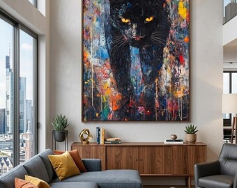 Black Panther Oil Painting, Modern Abstract Animal Art, Colorful Wild Cat Canvas Print