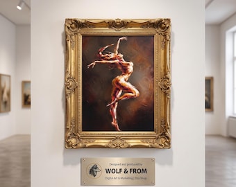 Quadro a impasto con ballerina, donna nuda astratta, arte murale con ballerina gioiosa, stampa su tela color bronzo marrone caldo, decorazione eclettica per la camera da letto, regalo per lei