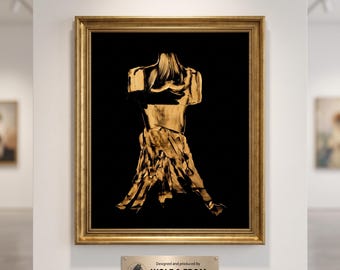 Stampa di un dipinto figurativo astratto in oro nero, decorazione murale con texture a impasto (download digitale)