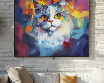 Persian Cat Cubist Art Print, Colorful Abstract Animal Wall Decor (Digital Download)