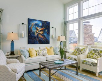 Starry Night Owl Wall Art, Contemporary Abstract Animal Painting (Digital Download)