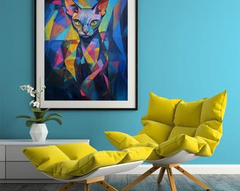 Cubist Sphynx Cat Wall Art, Abstract Geometric Painting Print (Digital Download)