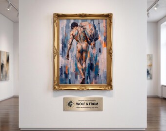 Arte maschile nuda Pittura astratta Impasto Portatore di fardello Vista posteriore Interesse gay Stampa d'arte Download digitale Decorazione moderna blu arancione
