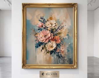 Stampa floreale astratta a impasto di peonia, arte floreale rosa cipria (download digitale)