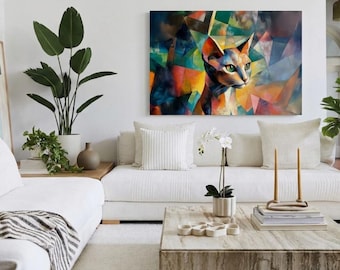 Abyssinian Cat Abstract Art, Geometric Pet Portrait, Colorful Acrylic Painting (Digital Download)