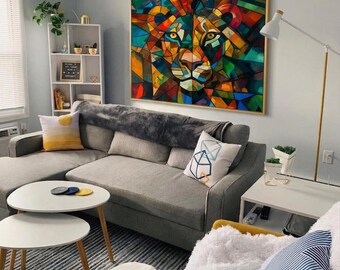 Cubist Lion Wall Art, Abstract Acrylic Painting, Geometric Animal Portrait (Digital Download)