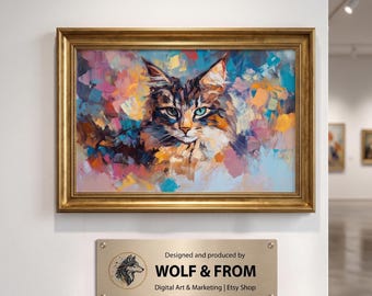 Quadro astratto con gatto Maine Coon, stampa a olio con tecnica impasto colorato, regalo perfetto per gli amanti dei gatti, ritratto moderno di animale domestico, download digitale stampabile.