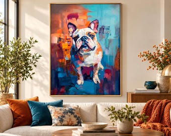 Illustrazione di un bulldog inglese, ritratto di animale domestico con texture, dipinto di cane colorato, download digitale