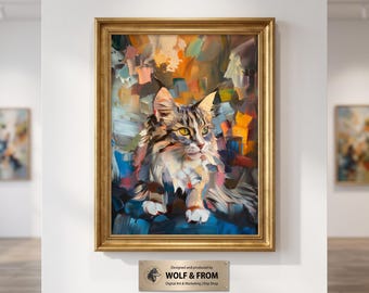 Stampa di un dipinto ad olio di un gatto Maine Coon, ritratto di animale domestico in stile cubista astratto, arte animale contemporanea a impasto, decorazione murale quadrata moderna, download digitale