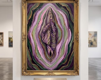 Arte murale astratta Yoni, stampa divina femminile, decorazione femminista, pittura a impasto viola, verde e oro, anatomia floreale, body positivity, regalo per donne.