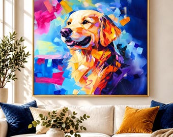 Illustrazione di un Golden Retriever, ritratto di cane colorato, arte murale astratta geometrica, download digitale