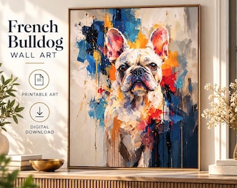 Quadro con bulldog francese bianco, stampa astratta e colorata di cane, download digitale.