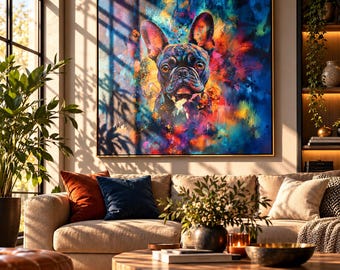 Quadro con bulldog francese, stampa astratta e colorata di cane, download digitale.
