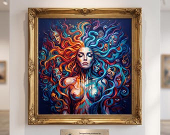 Quadro con Medusa, stampa psichedelica ispirata alla mitologia greca, dipinto surreale e colorato di donna nuda, tela con doppia dea, poster digitale scaricabile.