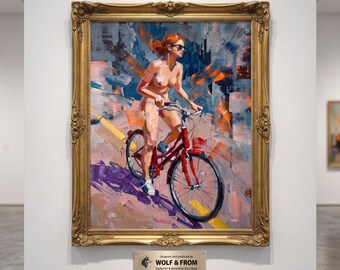 Stampa di un dipinto ad olio raffigurante una donna in bicicletta, arte astratta con corpo femminile nudo da parete, decorazione su tela colorata a impasto, arte figurativa moderna da scaricare.