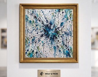 Stampa digitale di un dipinto astratto espressionista blu con schizzi di colore, arte moderna d'azione (download digitale)