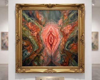 Stampa su tela astratta Yoni, arte murale color corallo e rame, dipinto anatomico floreale, poster sull'energia femminile, regalo per ostetrica, fiore divino, download digitale.