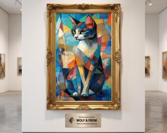 Stampa digitale di un dipinto ad olio di un gatto Ragdoll cubista, arte felina astratta geometrica (download digitale)