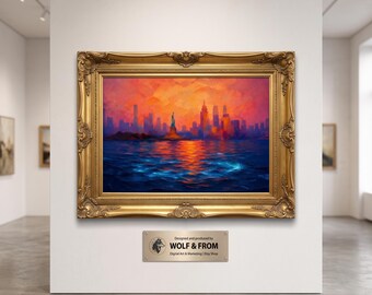 Stampa digitale di un dipinto astratto raffigurante lo skyline di New York, la Statua della Libertà e una tavolozza di colori al tramonto (download digitale).