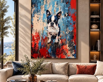 Quadro da parete con Boston Terrier, stampa di un dipinto astratto di cane, ritratto di animale domestico a impasto (download digitale)